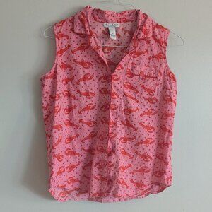 alexandra bartlett M 100% cotton top pink red lobsters sleeveless button up